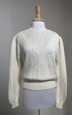 GARLAND 80s Ivory and Lace Classic Bombshell Pinup Acrylic Sweater size Large
